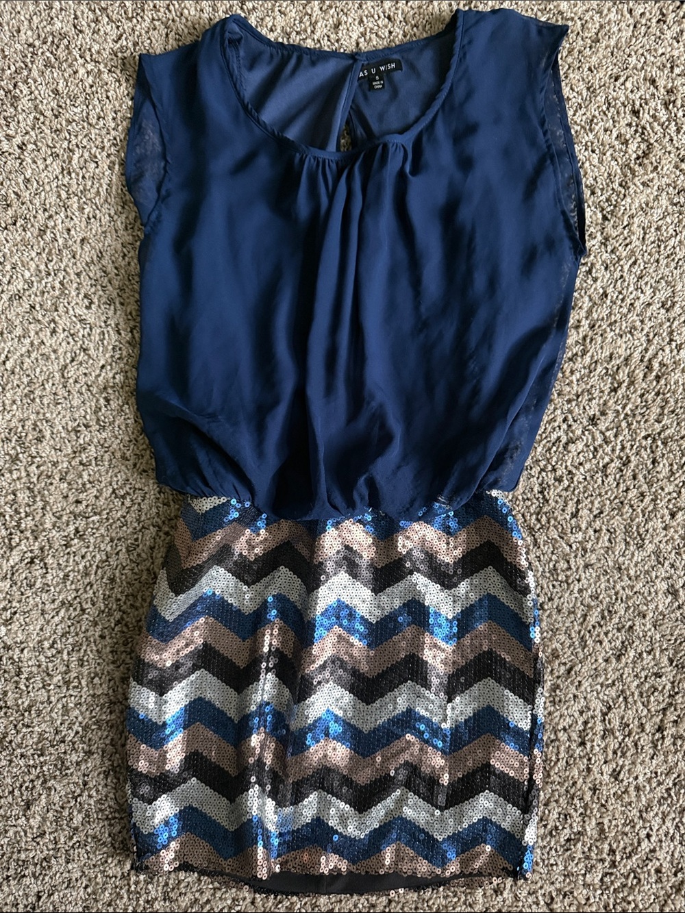 As U Wish Navy Chiffon Top with Blue, Silver & Gold Sequin Chevron Skirt